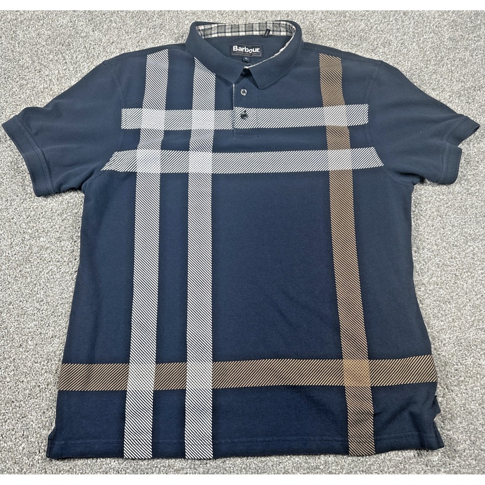 Barbour Polo Shirt Men XL Navy Plaid Short Sleeve Portugal Cotton